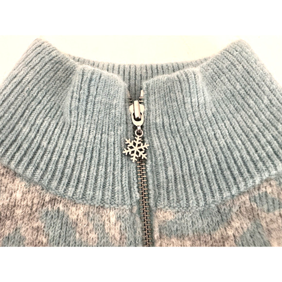 Loft Sweater L Light-Blue Gray Snowflakes Pullover Quart Zip Mock Neck Knit NWT - Picture 9 of 13